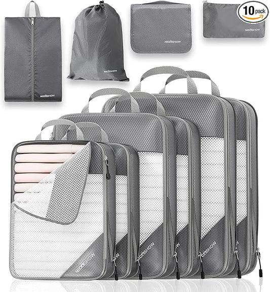 Compression Packing Cubes 10 Set, Compressible Space-Saving Packing Cubes for Travel - Compression Bags, Luggage Organizer, Travel Essentials for Women, Grey