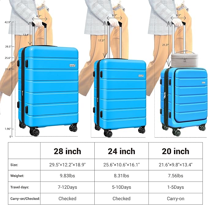 SmileLine 3-Piece Luggage Set Lightweight Hardside Suitcase TSA Lock Spinner Wheels, 20" Expandable Carry-On Luggage with Quick Access Front Open Pocket, Bonus Makeup Bag,Blue