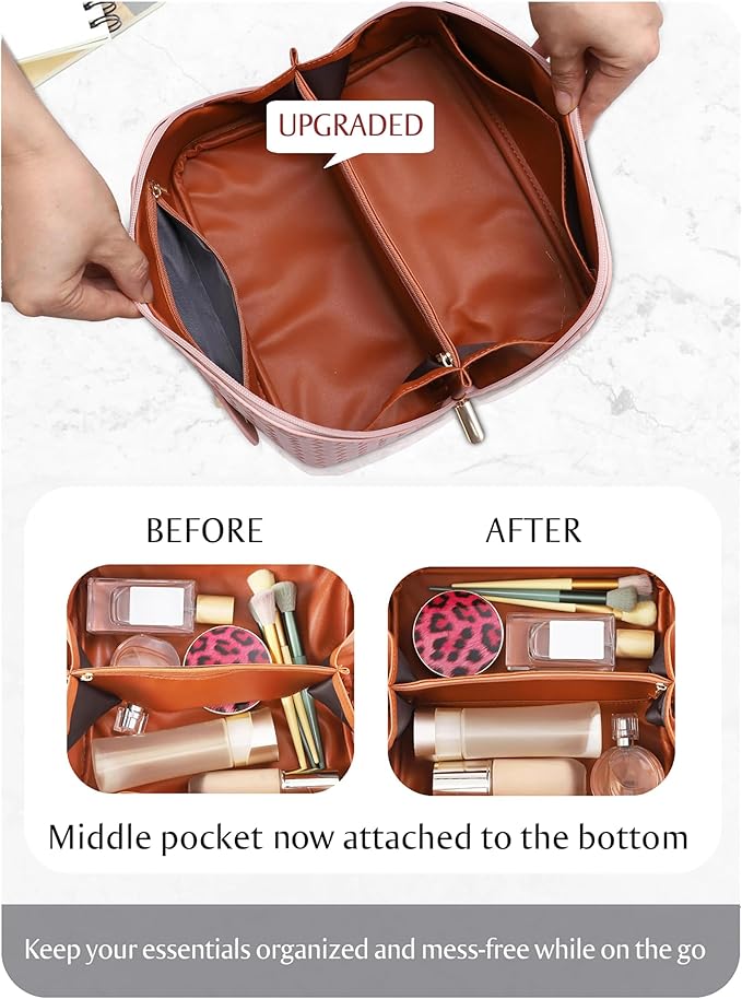 Large Capacity Travel Cosmetic Bag - Portable Makeup Bags for Women Waterproof PU Leather Checkered Makeup Organizer Bag with Dividers and Handle,Toiletry Bag for Cosmetics