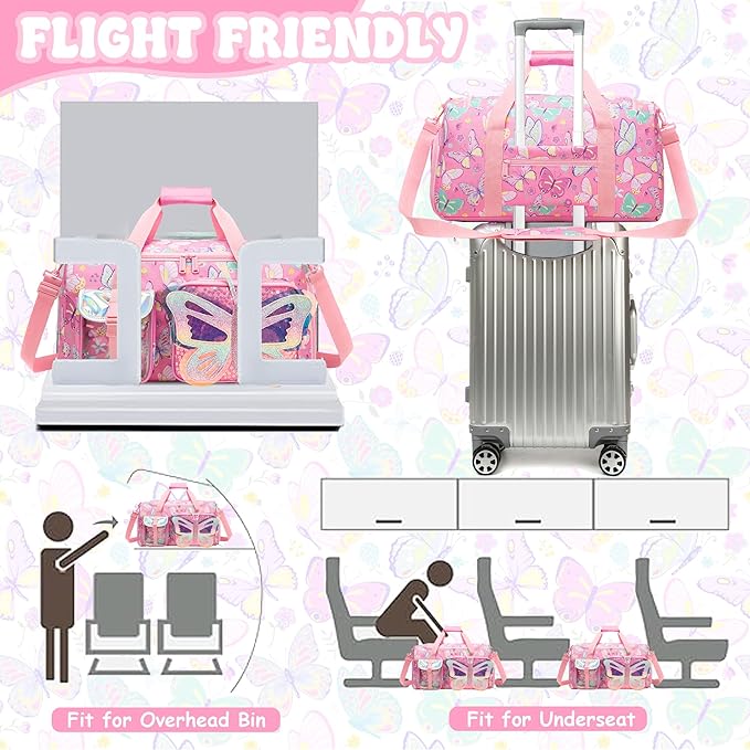 Butterfly Kids Duffle Bag Girls Ballet Dance Bag Overnight Travel Bags for Girls Gymnastics Sports Bags for Kids with Shoe Compartment
