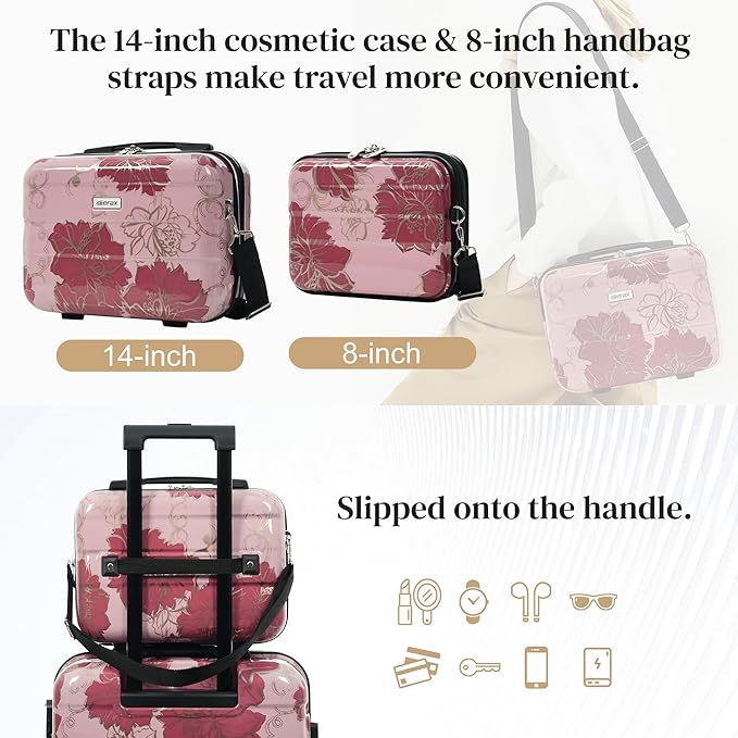 Merax 5 Piece Luggage Set with Spinner Wheels, Lightweight Printing Suitcase Set 8/14/20/24/28 inches, Durable Carry on Luggage with Handbag and Cosmetic Case Suitable all Ages,Purple Pink Flower