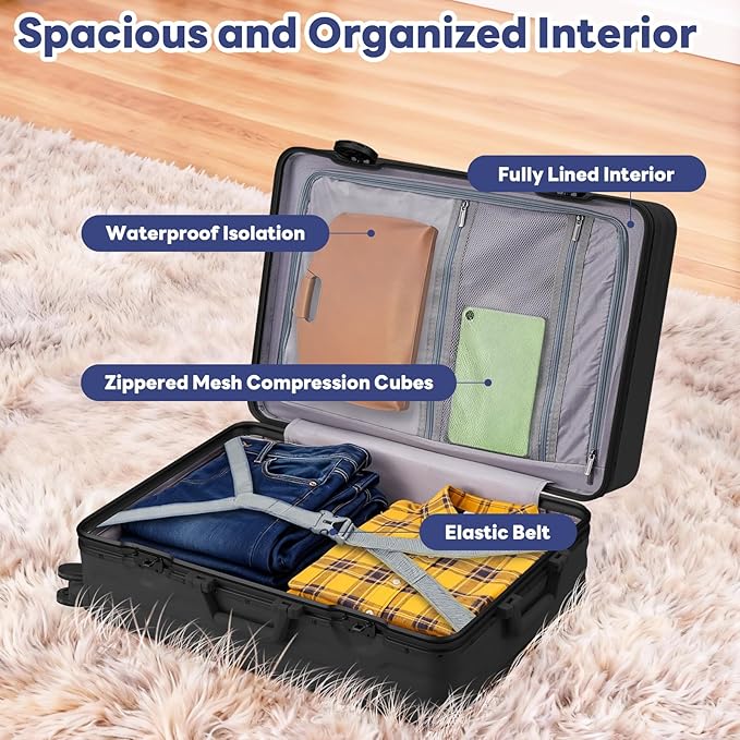 20 Inch Carry On Luggage, Zipperless Luggage with Spinner Wheels, Airline Approved Suitcase with Cup Holder, TSA Lock and USB Charger for Travel, Black