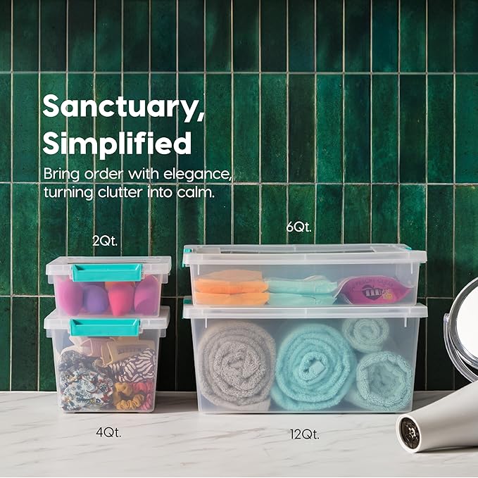 IRIS USA 6 Qt. Craft Storage Bins with Lids, 3-Pack, |Made in USA|, Clip Box, Small Plastic Sensory Bin Tote Organizer Containers for Art Supplies, Paper, & Office, Stackable - Clear/Seafoam Blue