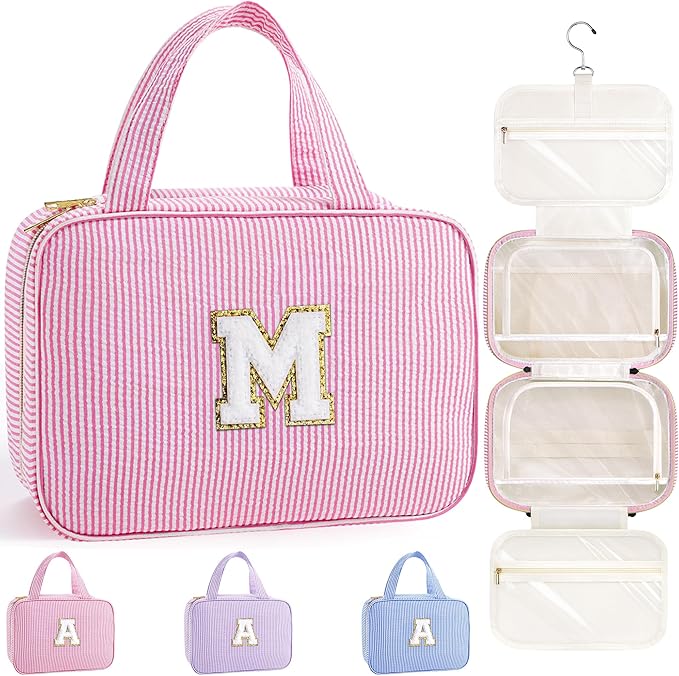 TOPEAST Travel Hanging Toiletry Bag, Personalized Initial Toiletry Pouch, Birthday Gifts for Women Mom Daughter Sister Friends, Cruise Essentials, Pink M