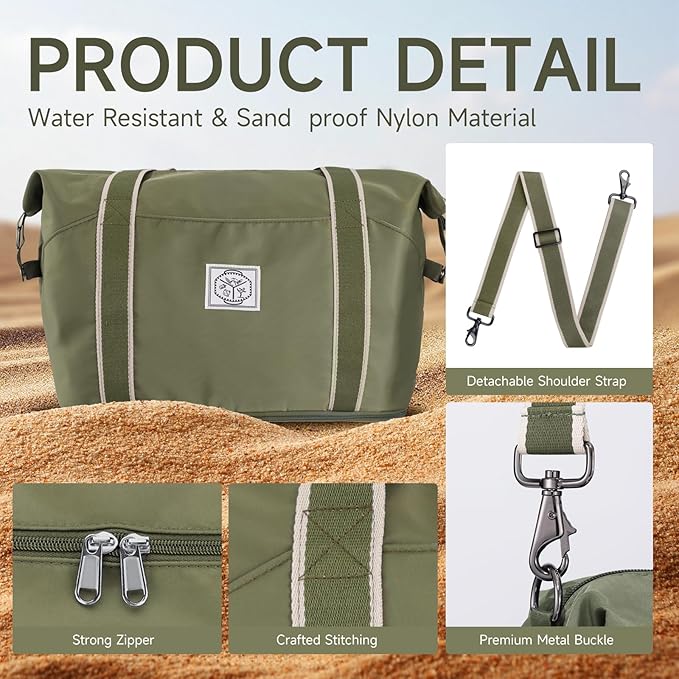 WALNEW Travel Duffel Bag, Weekender Overnight Carry On Bag for Women Men, Foldable Waterproof Gym Luggage Duffle Bag with Metal Buckle Detachable Shoulder Strap and Wet Compartment (Army Green)