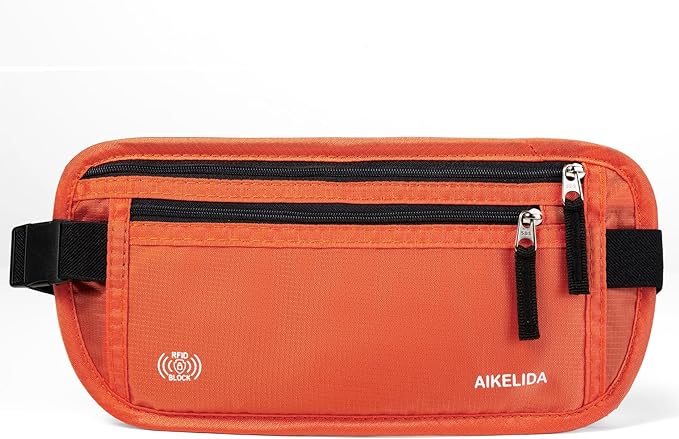 RFID Blocking Money Belt - Passport Holder & Travel Wallet, Slim Hidden Fanny Packs for Women Men - Orange