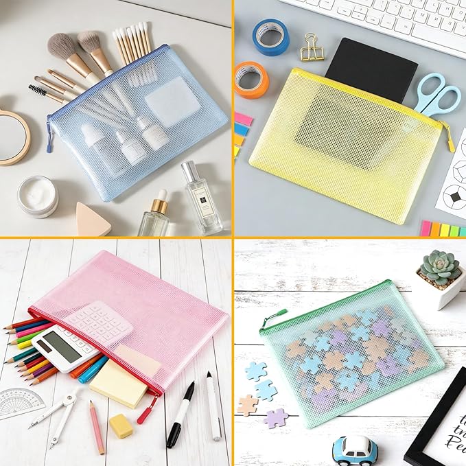 24pcs Mesh Zipper Pouch Bags A4 Zipper Bags for Classroom Organization, Waterproof Document Zipper Pouches for Cosmetics, Travel Storage File Bags for Office Supplie