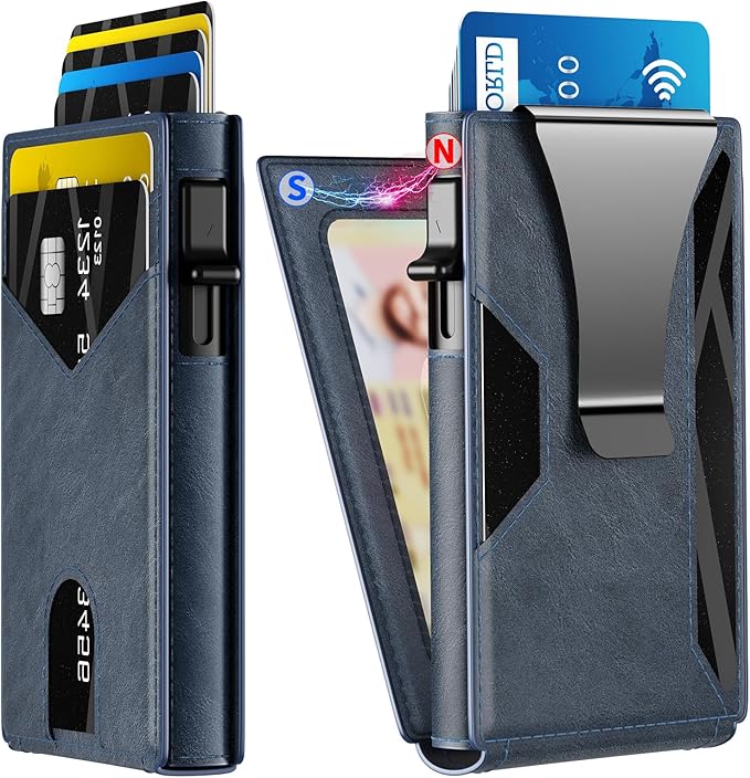 Wallet for Men Aluminum RFID Blocking-Metal Smart Pop-Up Credit Card Holder with 2 ID Windows, Holds 8-10 Cards,Bifold Security Front Pocket Wallet & Money Clip,Men's accessories (Blue)