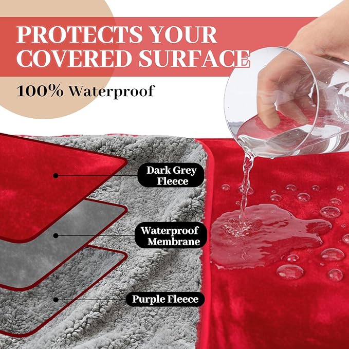 King Size Waterproof Blanket for Bed Couch, 82'' x 82'' Double Side Leakproof Reversible Sherpa Flannel Fleece 3-Layer Lightweight Blanket, Absorbs 80oz(Red/Gray), Machine Washable