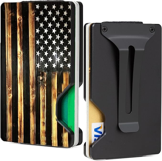 Carbon Fiber Minimalist Wallet for Men Credit Card Holder Money Clip & Cash Strap Slim RFID Mens Wallets(Patriot-Wood Flag)