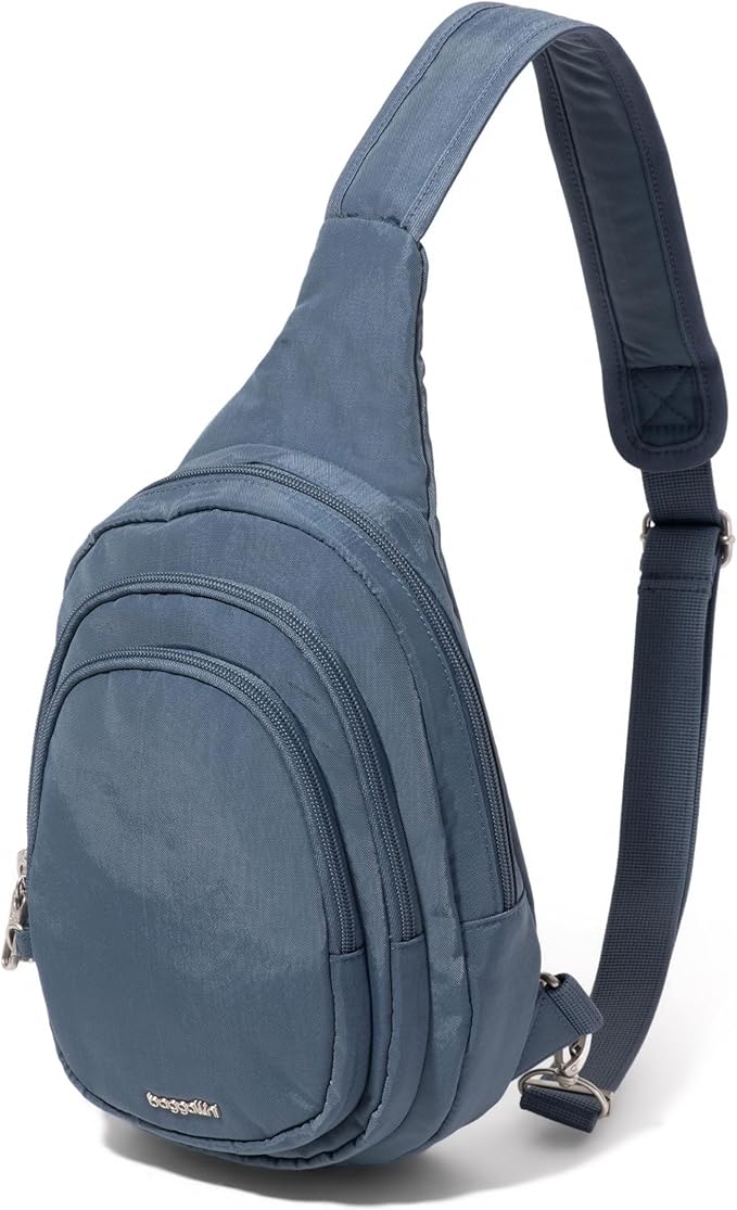 Baggallini Securtex® Anti-Theft Multi Zip Sling - Lightweight 8.6"x15.2" Travel Bag with Locking Zippers & RFID Protection