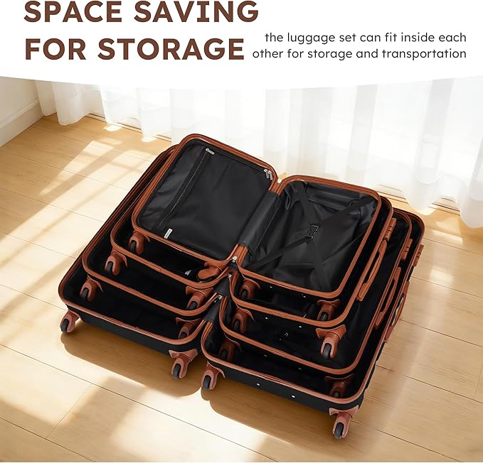 Suitour 4 Piece Luggage Sets, Hard Shell Suitcase Set with Spinner Wheels 16 20 24 28inch Travel Sets(Black Tan)