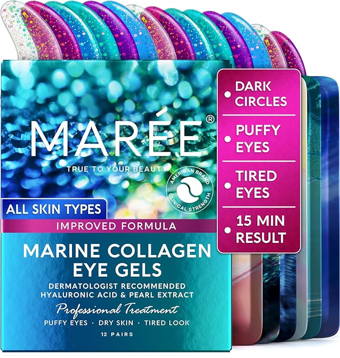 MAREE Under Eye Patches for Puffy Eyes and Dark Circles – Under Eye Mask with Collagen & Hyaluronic Acid – Undereye Mask Patches for Women – Parches para Ojeras Puffiness & Under Eye Bags | 12 Pair
