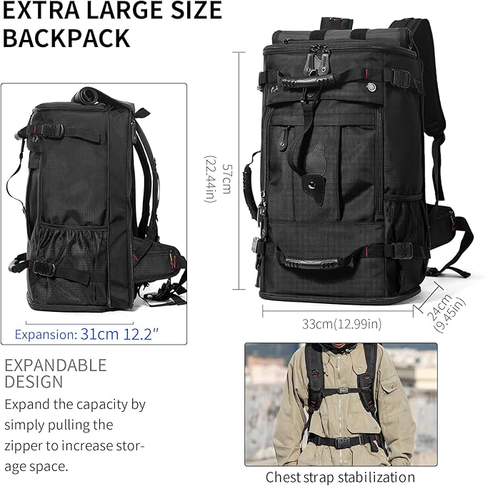 Large Capacity For Travel Hiking Sports Carry On Backpack Durable Convertible Duffle Bag Laptop airplane (Black, 60L-Large DualMainOpening)