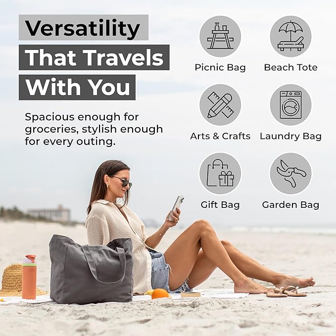 VeraMia Canvas Grocery Bag 3pc XL Set with Real Pockets, Long Shoulder Strap and Short Handle. Heavy Duty, Foldable, Washable