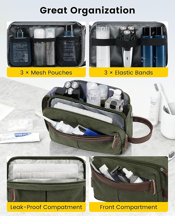 Vorspack Canvas Toiletry Bag for Men - Water Resistant Travel Bag for Toiletries, Bathroom Essentials, Accessories - Green