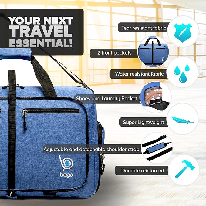 Bago Compact Duffle Bag for Travel Women & Men. Durable Lightweight Foldable Travel Duffel Bags For Traveling Women. 40L Duffle Bags a Reliable Weekender duffel or Overnight Bag With Shoe Compartment