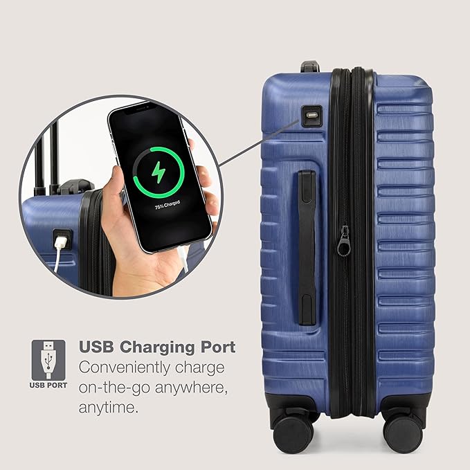 U.S. Traveler Boren Expandable Hardside Rugged Travel Luggage with 8 Spinner Wheels, Navy, 2-Piece Set