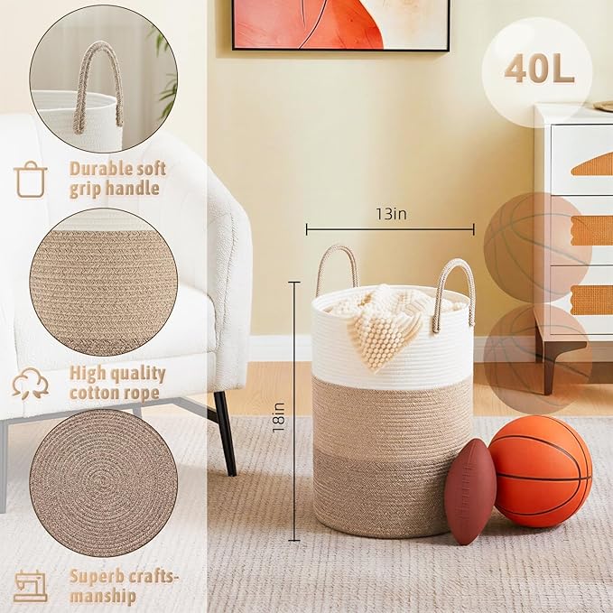 Laundry Basket,Woven Cotton Rope Laundry Hamper,40L for Decorative Storage of Dirty Clothes,Toys and Blankets in Bathroom,Bedroom and Living Room