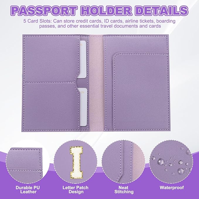 PATIKIL Passport Holder for Travel, Initial Passport Cover and Luggage Tag Set with Alphabet Chenille Letter Patch Travel Wallet Bag Suitcase Identifier for Women Family Travel Purple I