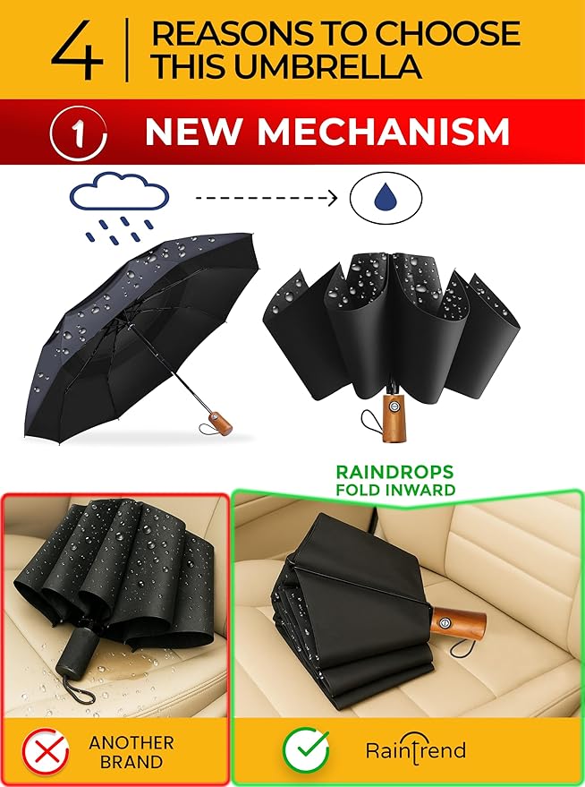 Raintrend Windproof Travel Umbrellas for Rain Automatic +10% Bigger Canopy Strong Frame Compact Folding Portable Umbrella for Women Men Backpack Purse