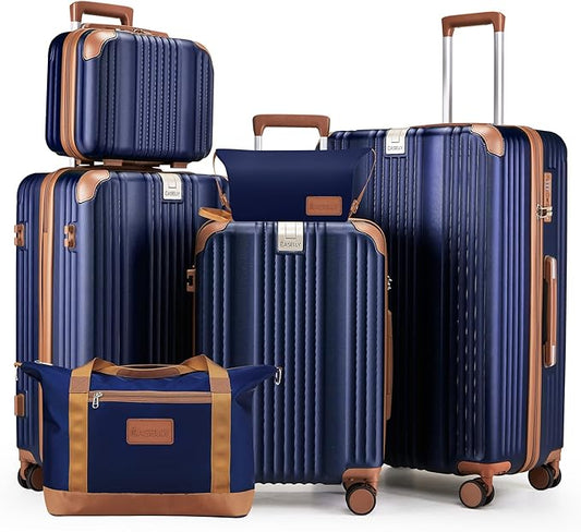 Luggage Set 6 Piece with Cup Holder,Hardshell TSA Lock Spinner Wheels Carry on Lightweight Suitcase，Hook and YKK Zippers for Valentine Gifts(Navy, 6 piece sets（14/20/24/28/DB/TB）)