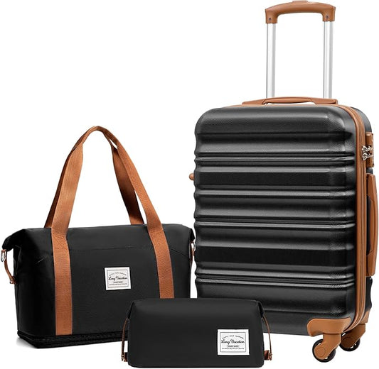 LONG VACATION Carry On Luggage Sets 3 Piece 20 Inch Suitcase Set, ABS+PC Hardshell Lightweight Travel Luggage with Spinner Wheels & YKK Zipper TSA Lock (BLACK-BROWN, 20 Inch)