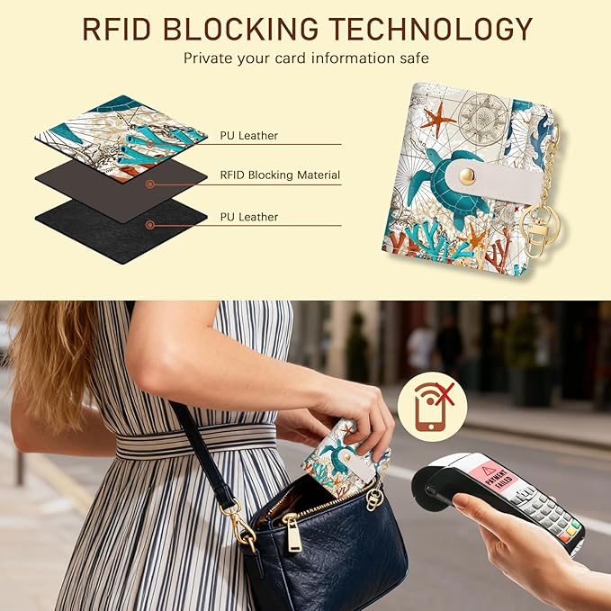 Jogjam Sea Turtle Rfid Women Wallet, Small Slim Thin Credit Card Wallet, PU Leather Bifold Cash Zipper Coin Pocket ID Window for Female Ladies Teen Girls Girly
