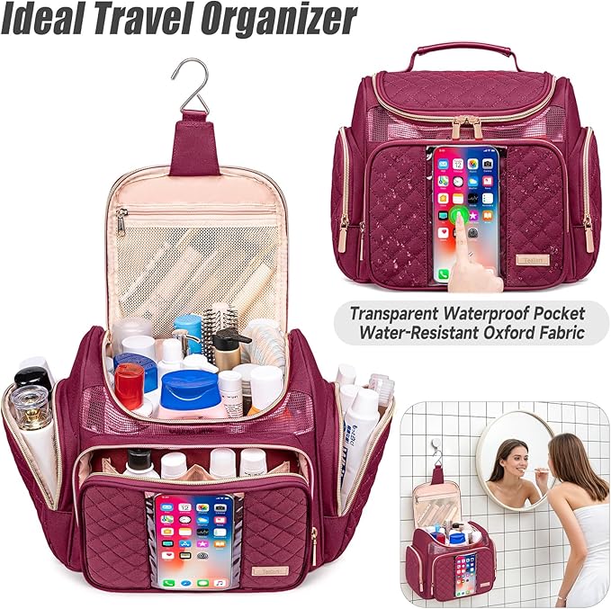 Large Toiletry Bag for Women Men,Bathroom Bag,Water Resistant Shower Bag,Makeup Bag,Portable Shower Caddy for College Dorm,Hanging Travel Toiletry Bag with Transparent Waterproof Phone Pocket