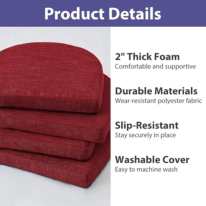 Chair Cushions for Dining Chairs with Ties and Removable Cover, Dining Kitchen Chair Pads with Non-Slip Bottom, High-Resilience Indoor Seat Cushions, 16'' x 16'' x 2'', Set of 4, Red