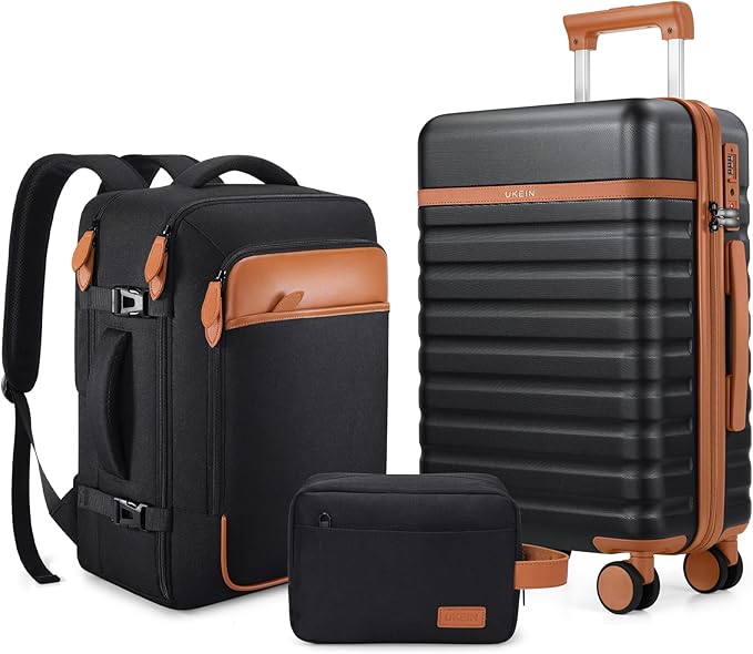 UKEIN Luggage Sets 3 Piece, Carry On Luggage 20In With Spinner Wheels,PC Hardside Suitcase Set with TSA Lock,Durable Carry On Suitcase With Travel Backpack for Men (Black, 3 piece set (20inch))