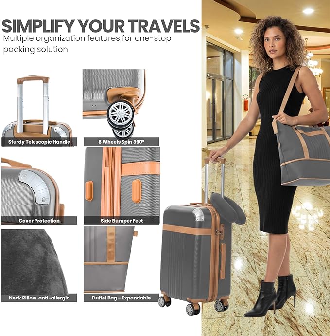 Luggage Sets 3 Piece Carry On Luggage Set 20 Inch Hardshell & Lightweight PP Luggage Suitcase with Detachable Spinner Wheels & TSA Lock 20" Suitcase with Duffel & U-shaped pillow
