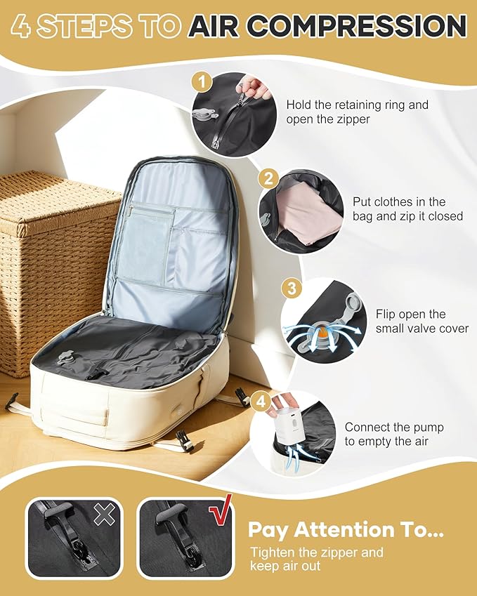 Vacuum Travel Backpack with Pump for Women,Personal Item Carry on Backpacks Flight Approved 18x14x8 inches for Men,Laptop Waterproof Work Compression bags Casual Daypack. Beige.