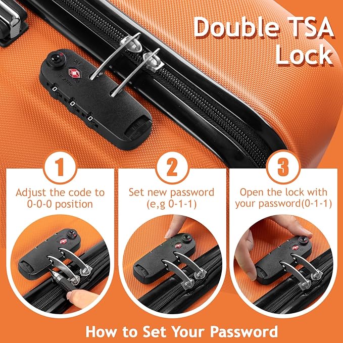 Karl home Luggage Set of 3 Hardside Carry on Suitcase Sets with Spinner Wheels & TSA lock, Portable Lightweight ABS Luggages for Travel, Business - Orange (20/24/28)