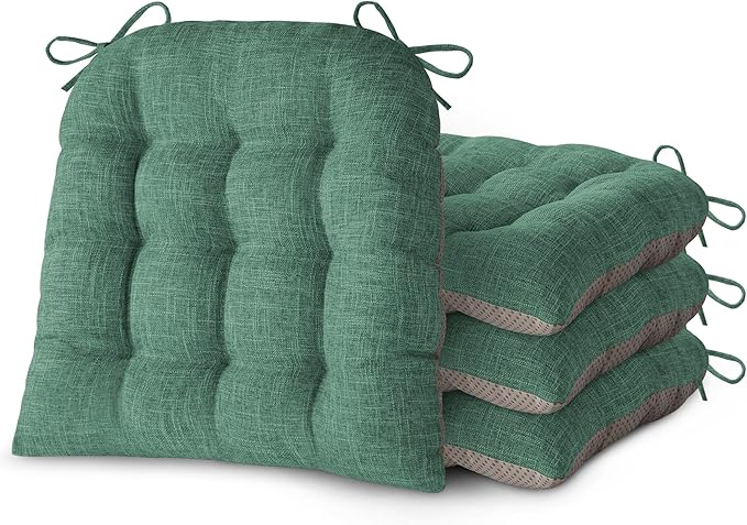 Chair Cushions for Dining Chairs Set of 4 Durable D-Shaped Seat Cushions with Non-Slip Backing Secure Ties Thick Cozy Seat Pad for Kitchen Dining Room Office(18x16.5x3in Green)
