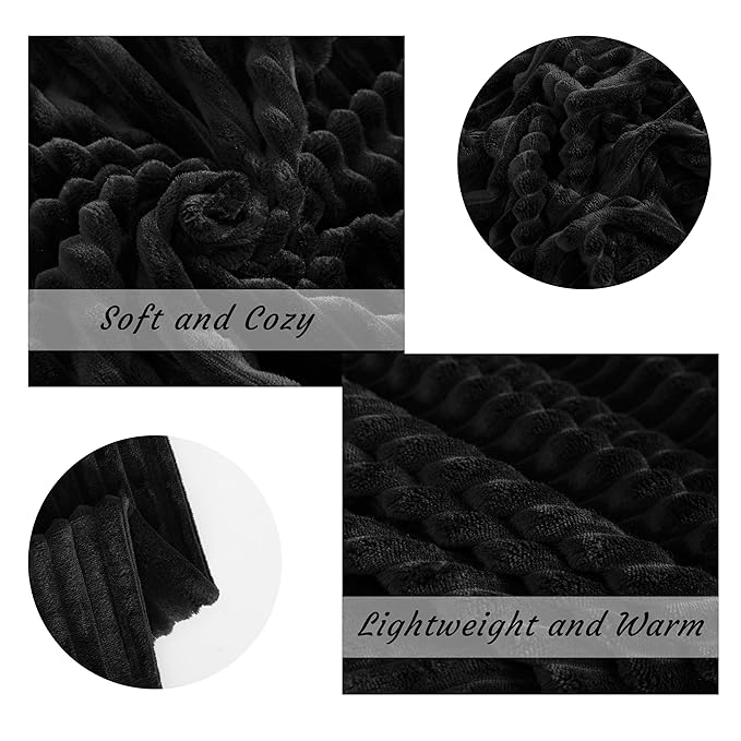 NTBAY Plush Flannel Twin Bed Blanket, 60X80 Inches Soft and Warm Lightweight Blanket with Striped Texture Bed Blanket for Couch Sofa Bed All Seasons, 60"x80", Black