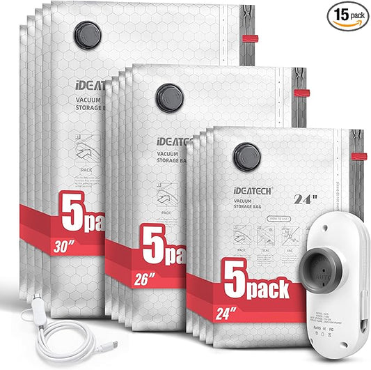 IDEATECH 15 Pack Travel Vacuum Bags with USB Pump, Space Saver Vacuum Seal Bags for Clothes, Compression Bags for Suitcase Packing & Carry-On Luggage, Easy to Load, Complete Travel Pack-5S+5M+5L