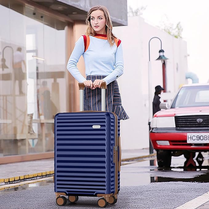SHOWKOO Carry On Luggage Hardshell Lightweight Luggage Set, Suitcase with Double Spinner Wheels Tsa Lock White 3 piece set Blue (DB/TB/20in)