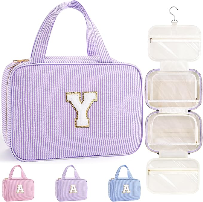TOPEAST Travel Toiletry Bag for Women - Hanging Toiletry Bag Makeup Bag, Portable Toiletries Cosmetic Bag, Airplane Travel Essentials - Letter Y, Purple