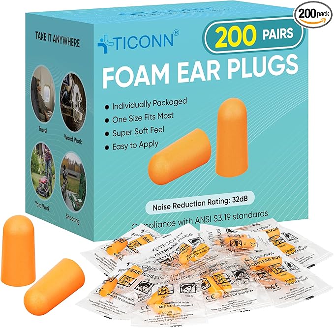 TICONN 200 Pairs Foam Ear Plugs, Individually Wrapped 32dB NRR Noise Reduction Earplugs for Sleeping Hearing Protection Travel Study Concentration Construction Site (200 Pairs)