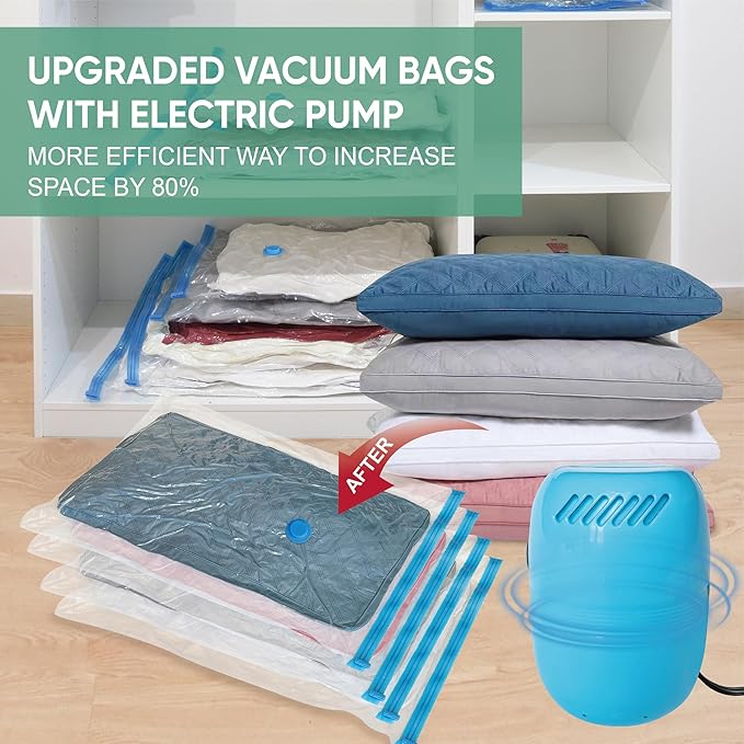 Vacuum Storage Bags with Electric Pump, Space Saver Vacuum Seal Bags with Pump, Sealer Compression for Clothes, Comforters, Blankets, Bedding, 10 Large