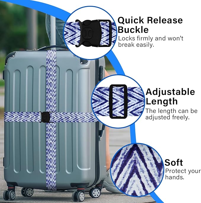 2 Pack Luggage Straps for Suitcases, Adjustable Travel Belt with Double Lock and Quick Release Buckle, Heavy Duty Nylon Bag Packing Strap, Unique Identifiers Business Travel Accessories-Blue Wave