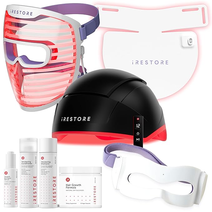 iRestore Lux Complete Care Bundle: Elite Hair Device + LED Face, Neck, Eye Masks + Max Growth Hair Wellness Kit