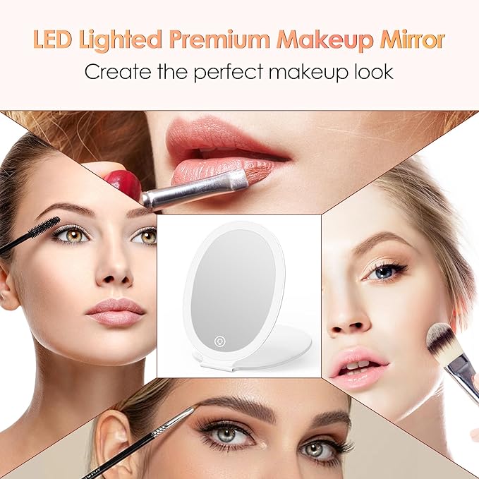 COSYGLOW Travel Makeup Mirror with Light: 3 Color Lighting Portable Mirror with Touch Screen Rechargeable Adjustable LED Lights Hexagon Vanity Mirror for Travel, Desk, Home (Round White)
