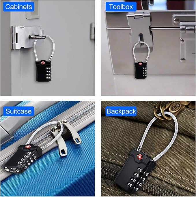Diyife TSA Luggage Locks, 2 Packs, 4-Digit Combination Lock Security Padlock Travel Lock, with 14cm Flexible Cable for Suitcase Luggage Backpack School or Gym Cabinet, etc. (Black)