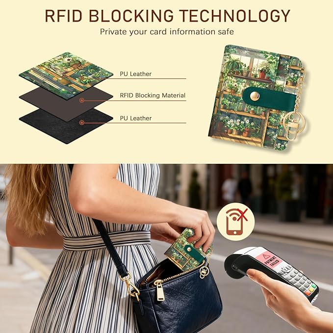 Jogjam Plants Flower Pots Rfid Girls Girly Teen Wallet, Small Slim Thin Compact Travel Credit Card Women Wallet, PU Leather Bifold Cash Zipper Coin Pocket ID Window for Female Ladies Gifts