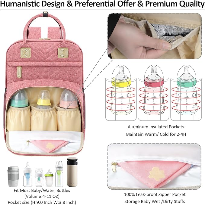 Tenot Baby Diaper Bag Backpack Tote for Women Large Capacity with Insulated Pockets Multifunctional Waterproof Diaper Bags For Baby Girl Boy Mama Maternity Travel Bag Pink