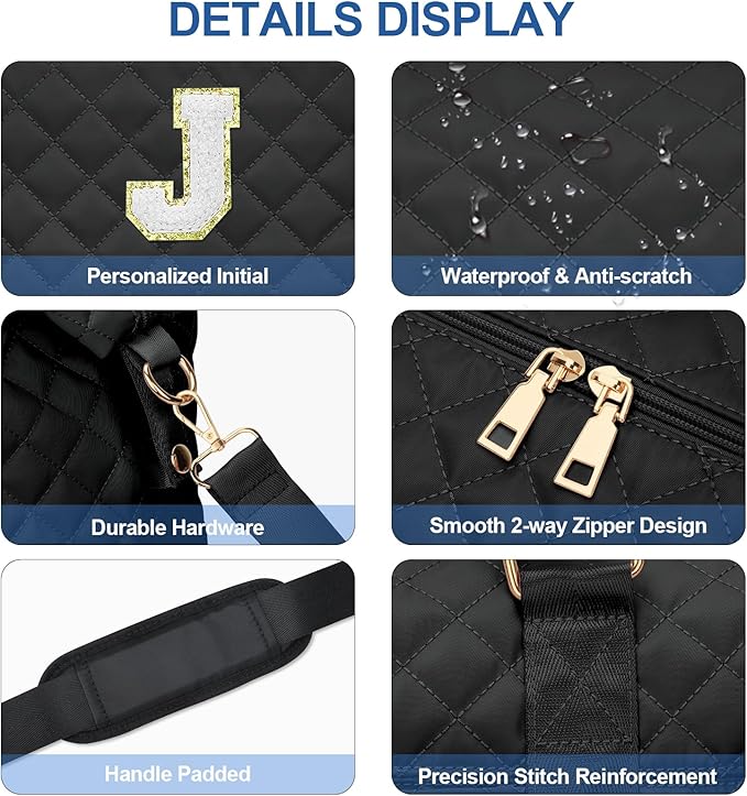 Gifts for Women, Initial Travel Duffle Bag, Personalized Weekender Overnight Bags, Gift for Mom Friend College Girl Graduation Teacher（Black,J)