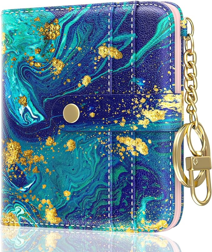Aiawoxc Womens Wallet, RFID Small Wallets for Women, Slim Compact Credit Card Holder, Cute Leather Bifold Ladies Purse with Zipper Coin Pocket and ID Window, Ocean Marble