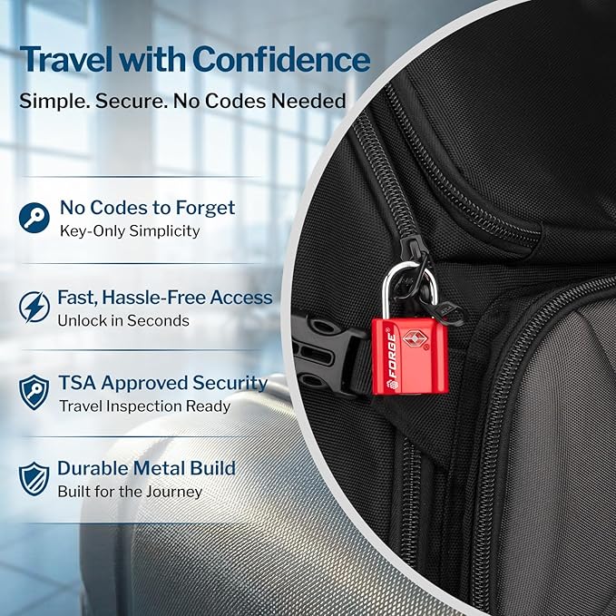 Forge 1''x1'' TSA Approved Luggage Locks: Ultra Secure dimple Key Travel Locks with zinc Alloy Body, for Luggage, Travel Cases, Backpacks, Red 2PK.